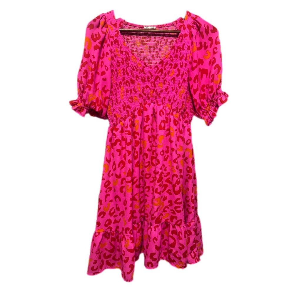 Jodifl Leopard Mini Dress Womens Small Pink Red Smocked Puffâ Sleeve Excellent